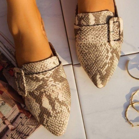 Shoes - Faux Suede Buckle Mule in Snake